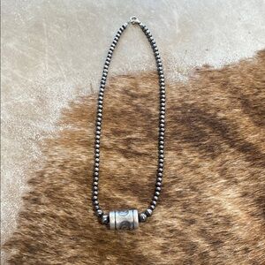 Silver Necklace with Cylindrical Pendant and Beads